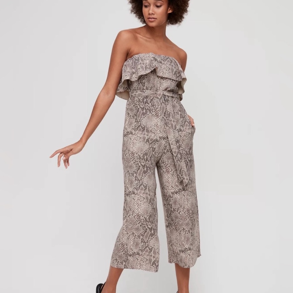 Babaton Snake Print Strapless Ruffle Jumpsuit in Beige and Taupe